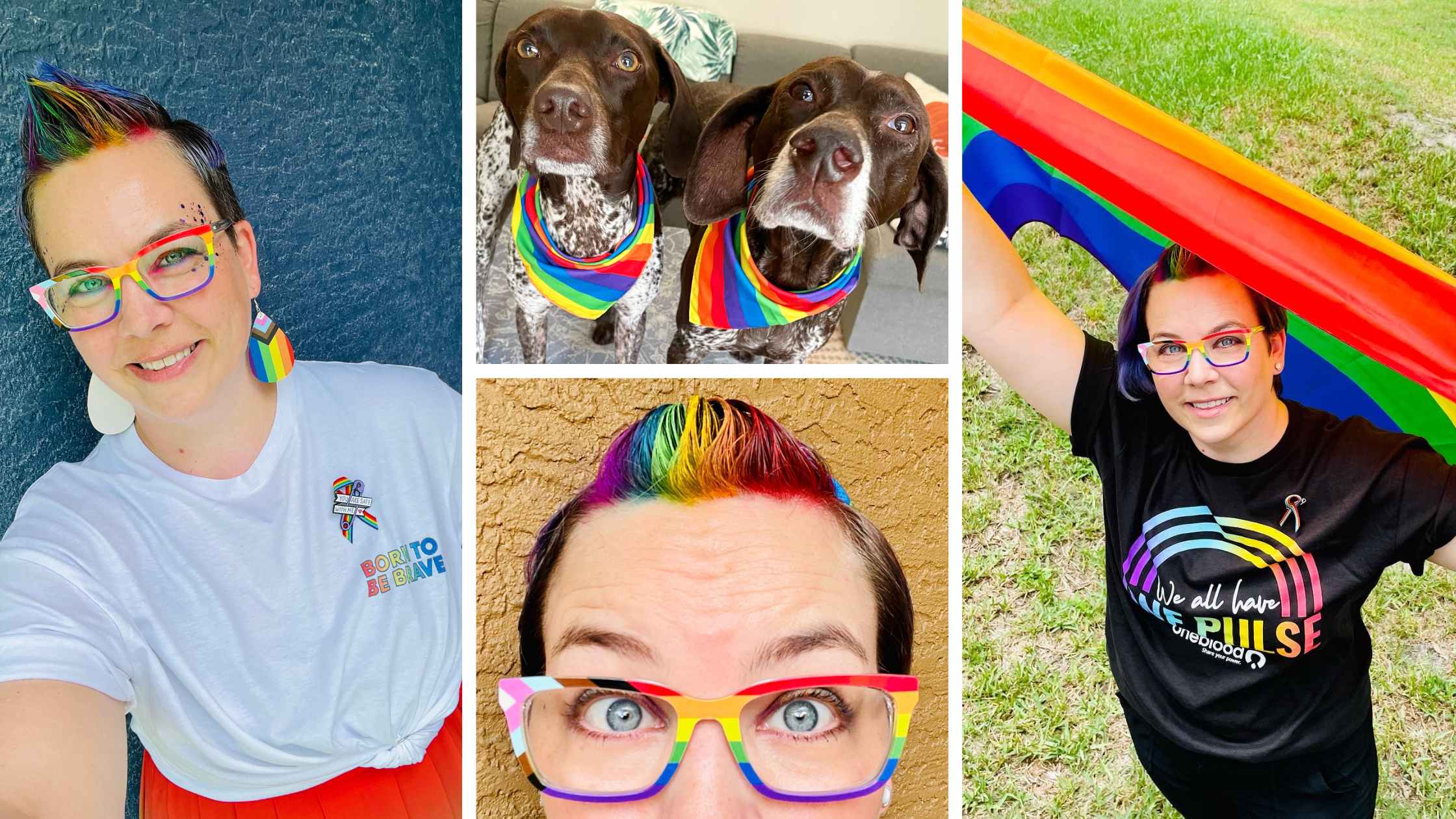 A collage of images from Pride Month celebrations featuring Casie and her two dogs.